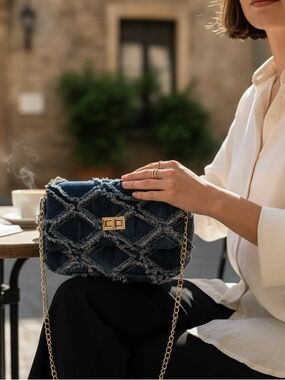 Olivia Miller Dark Blue Denim Fringe Shoulder Bag with Gold Chain